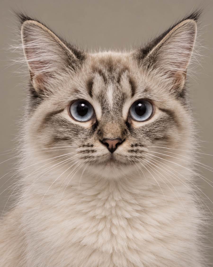 Portrait photograph of Blue, a Maine Coon/Ragdoll cross.