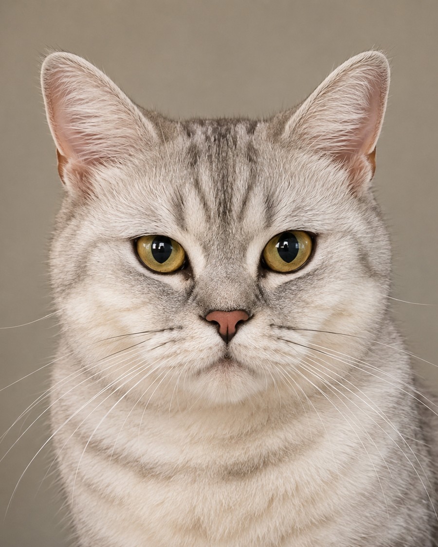 Portrait photograph of Layla, a silver British Shorthair.