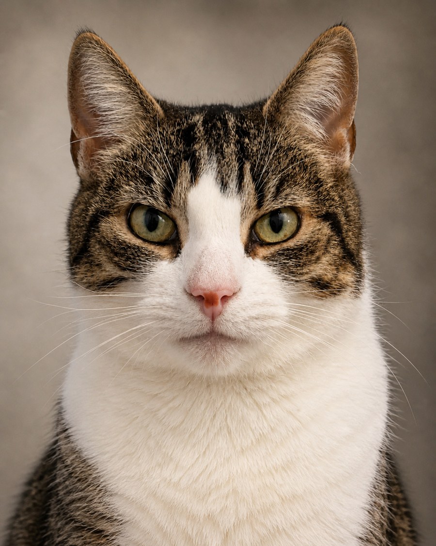 Portrait photograph of Tilly, a tabby and white cat.