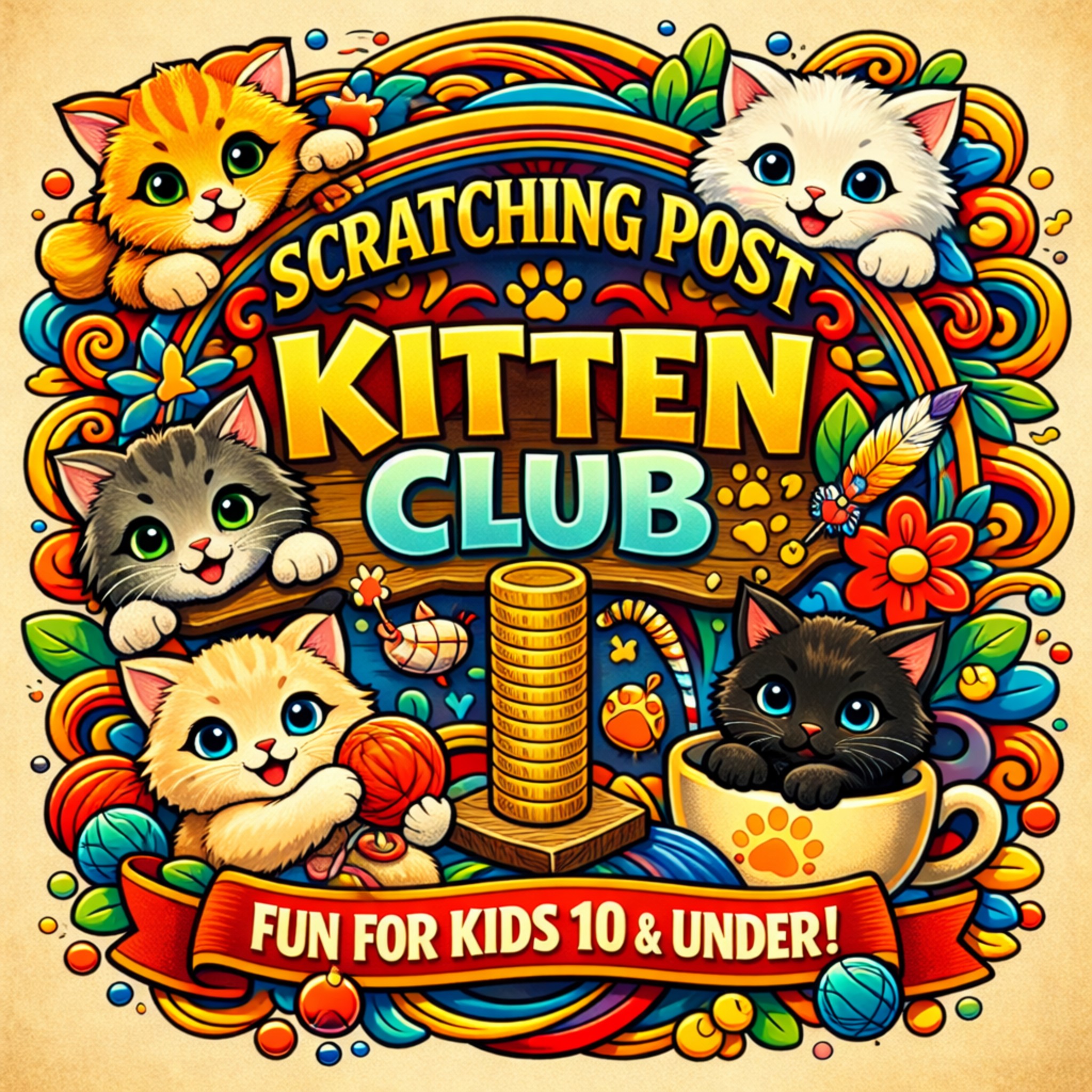 Scratching Post Kitten Club logo with colourful kittens and the text Fun for kids 10 and under.